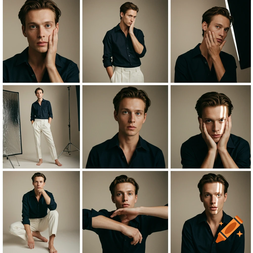 A 3x3 grid of editorial studio portraits of a male model in a dark navy shirt and ivory trousers, with various poses and close-ups, some showing hands on face or light streaks.