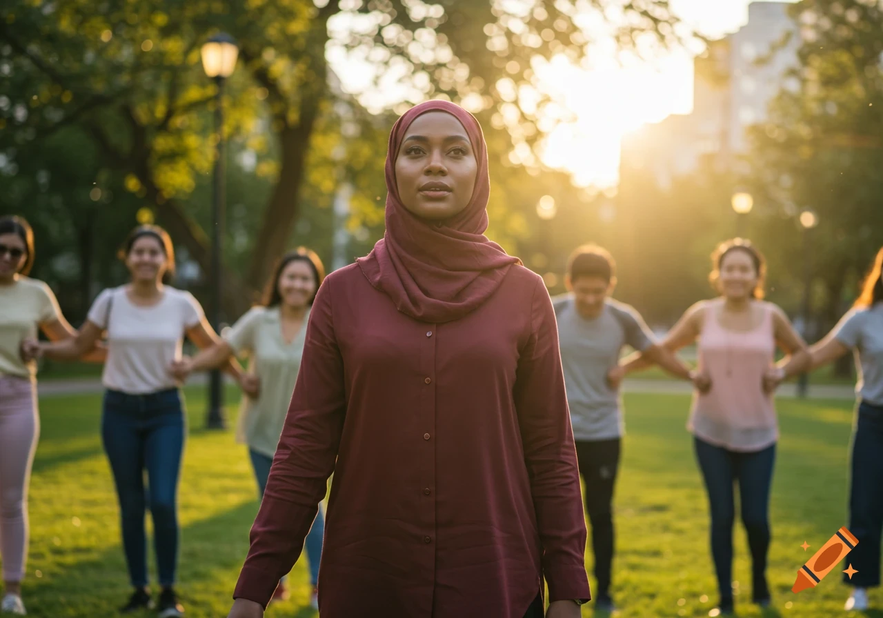 A young Black woman in a burgundy hijab stands in a sunlit park, with a diverse group of people holding hands in the blurred background.