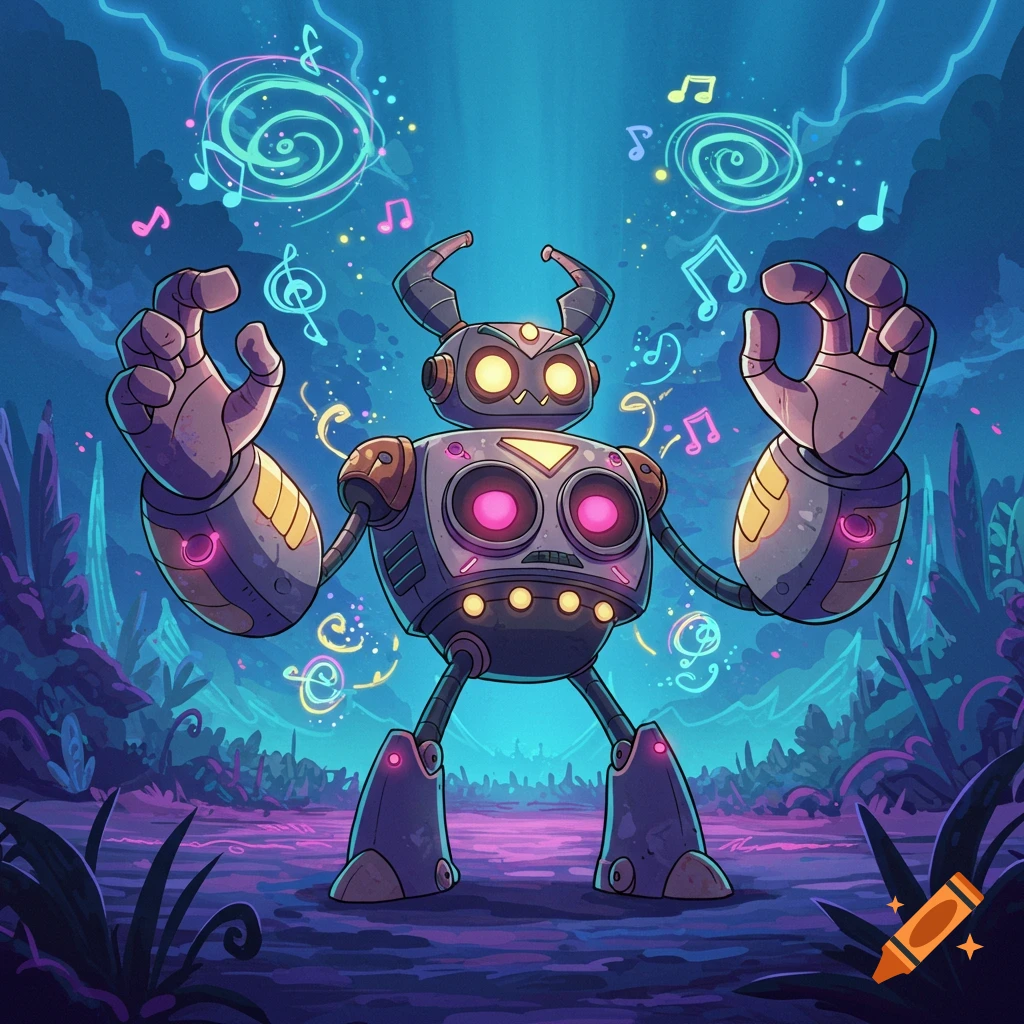 A cartoon robot with glowing eyes and pink speakers on its chest stands in a vibrant purple and blue landscape, surrounded by floating musical notes and swirling energy.