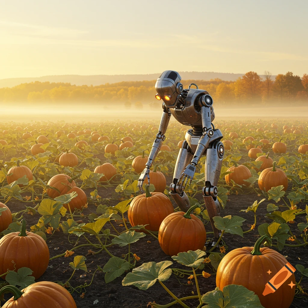 A robot harvests pumpkins in a large field with golden morning mist and autumn trees in the background.