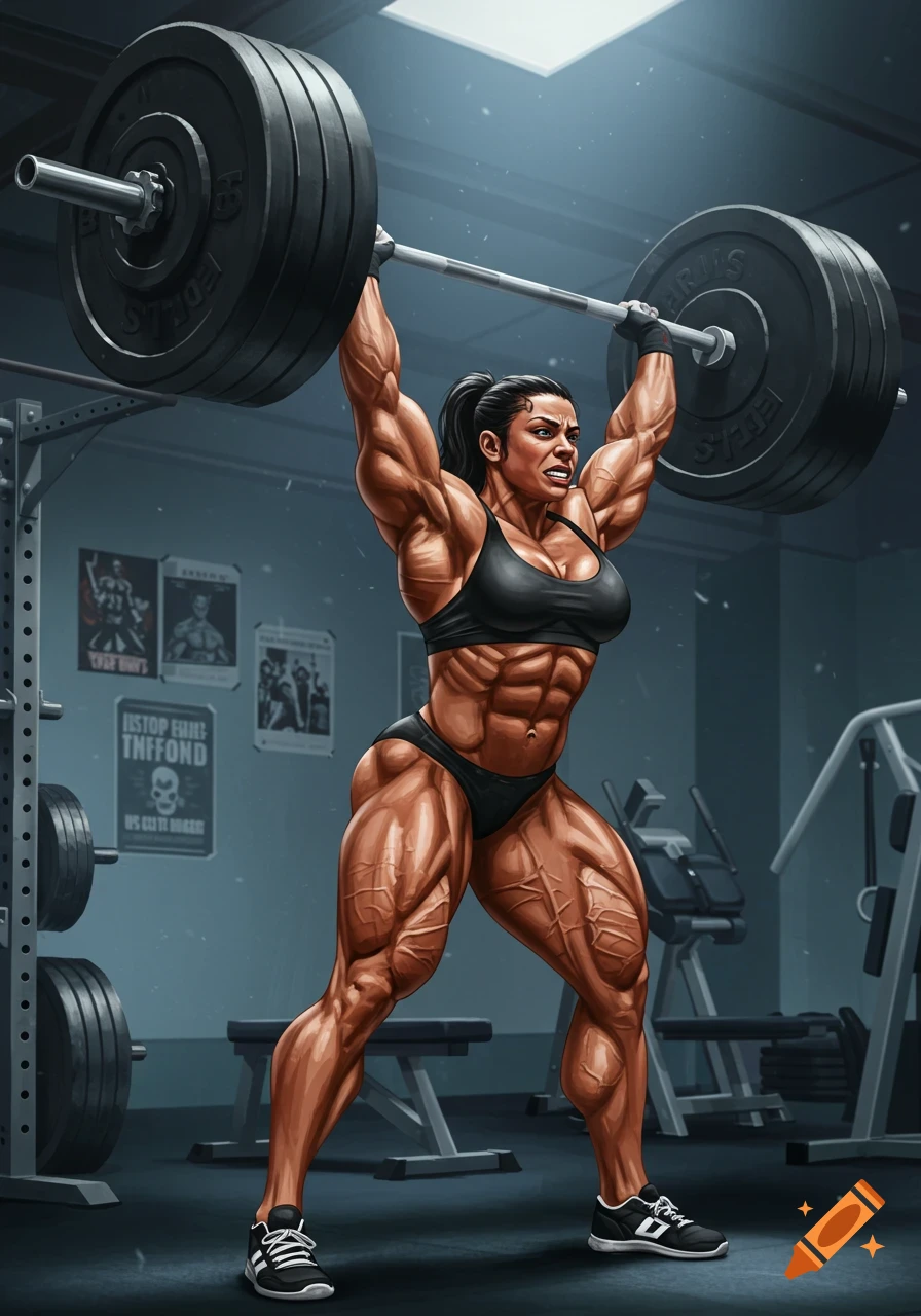 An illustrative image of a heavily muscled female bodybuilder performing an overhead barbell lift in a gym.