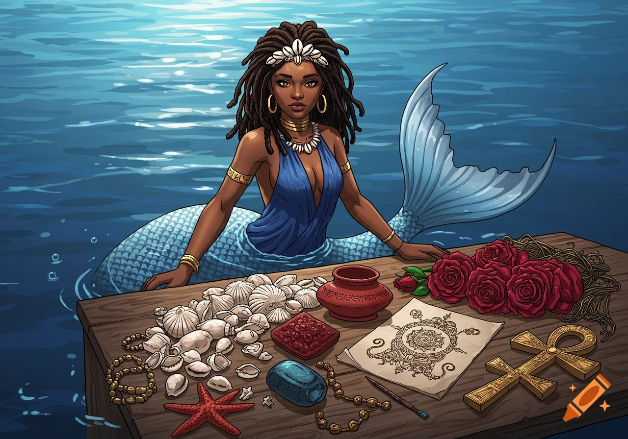 A comic art illustration of a dark-skinned mermaid with dreadlocks, wearing an indigo dress, sitting in blue water behind a wooden table adorned with shells, roses, beads, and a golden ankh.