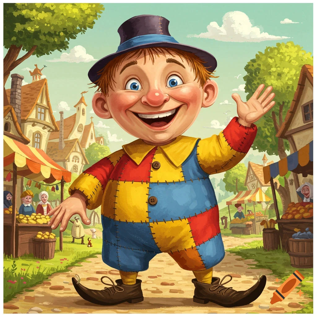 A cheerful, round-faced cartoon man in a colorful patched costume and top hat waves in a medieval market village.