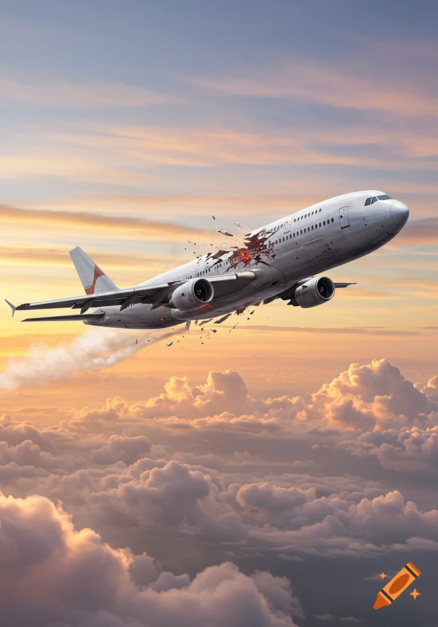 A large passenger plane is breaking apart and burning in mid-air above clouds during sunset, with debris scattering.
