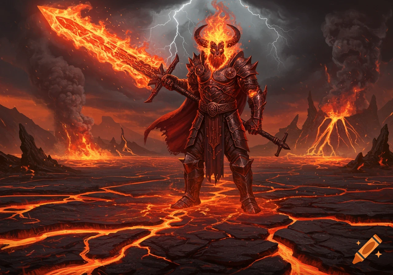 A powerful, armored, fire-headed demon warrior, holding a flaming sword and staff, stands in a volcanic landscape with lava and lightning.