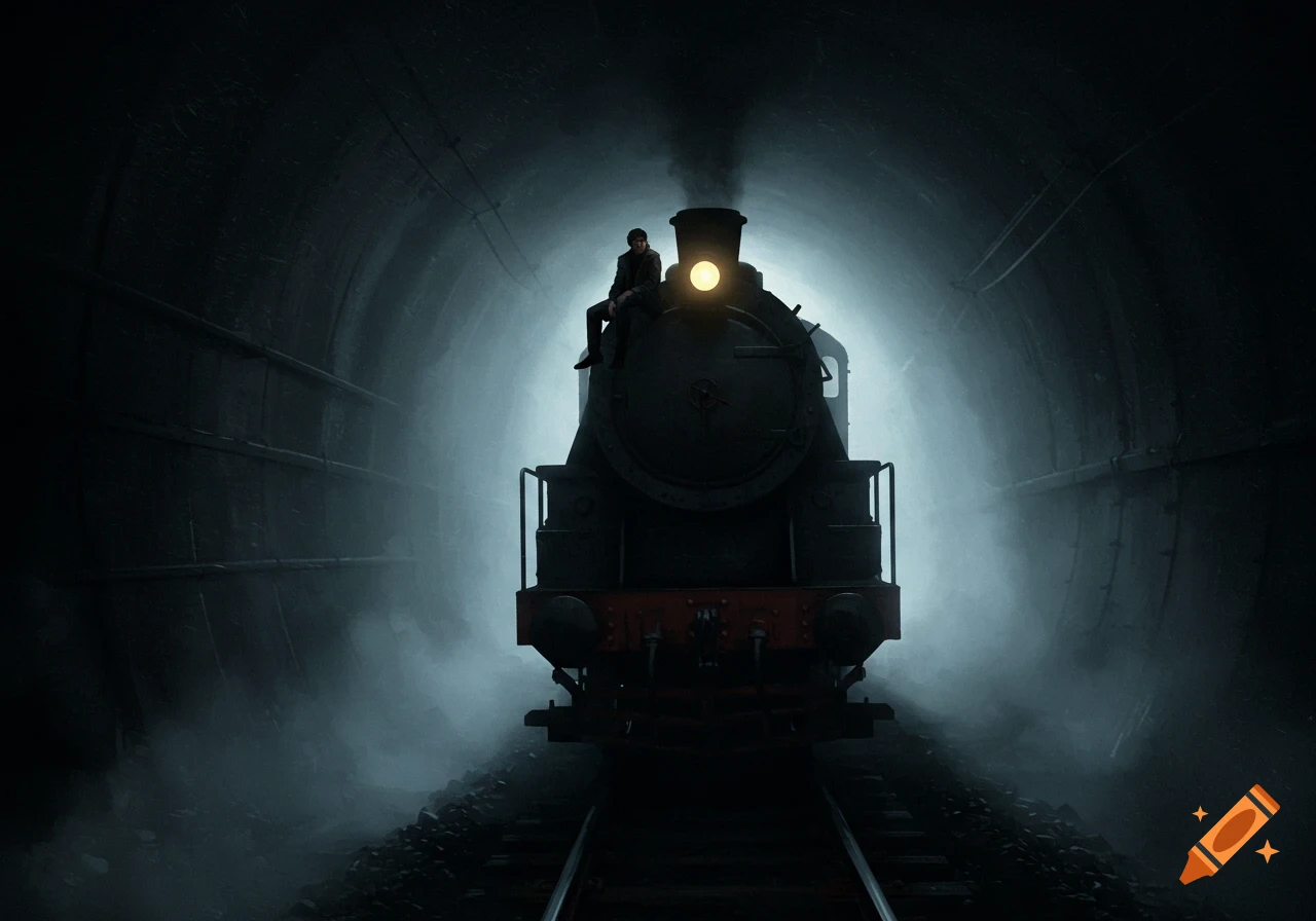 A figure sits on a dark train in a foggy tunnel, illuminated by the headlight, in a dramatic oil painting.