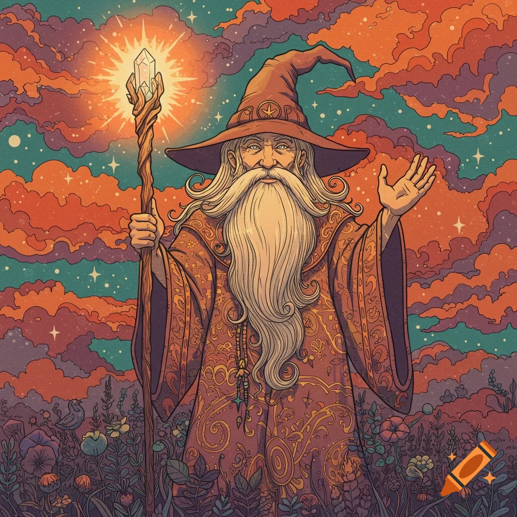 70s art style illustration of a mystical wizard holding a glowing crystal staff, standing in a field of flowers under a colorful, cloudy sky.