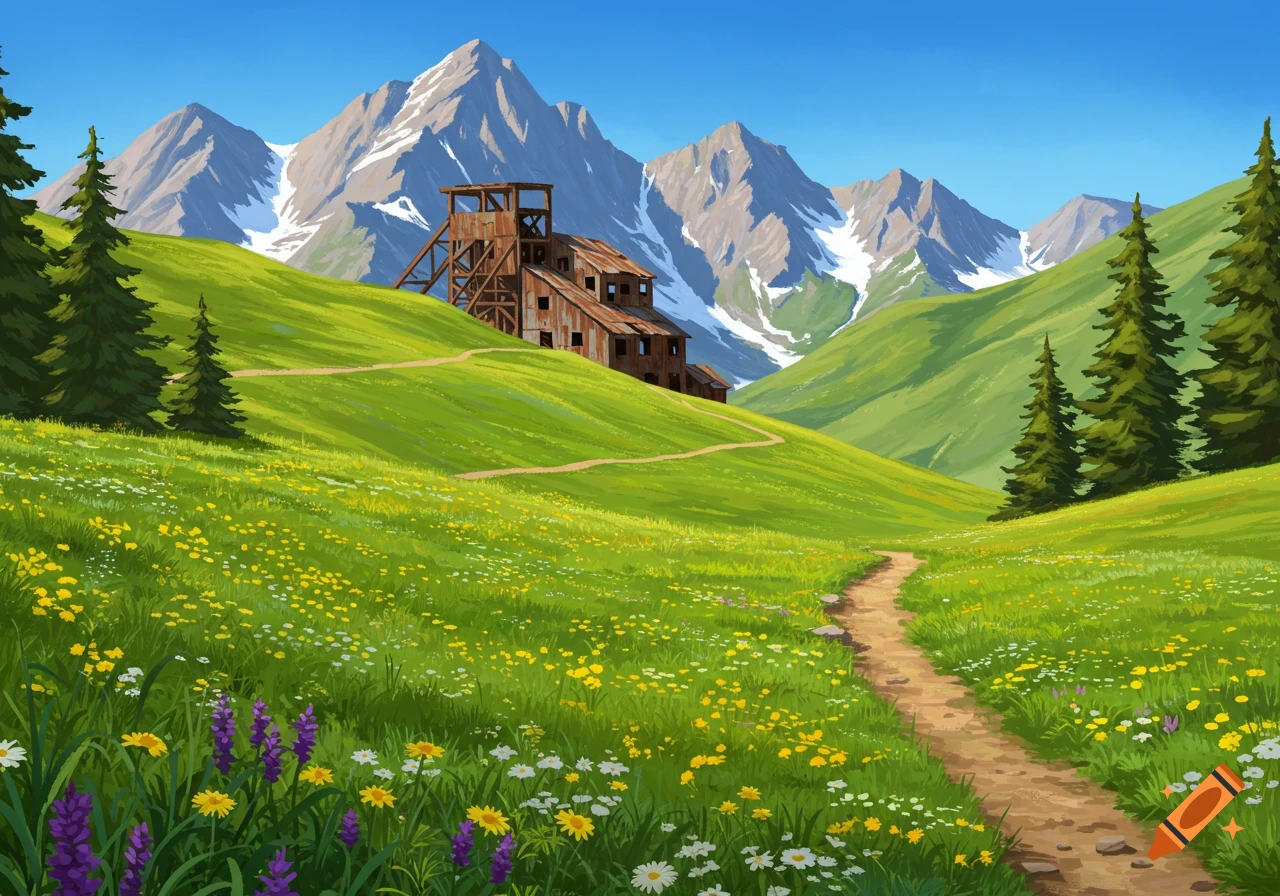 A vibrant illustration of a mountain landscape with a winding path through a flower-filled meadow leading to an old mine building.