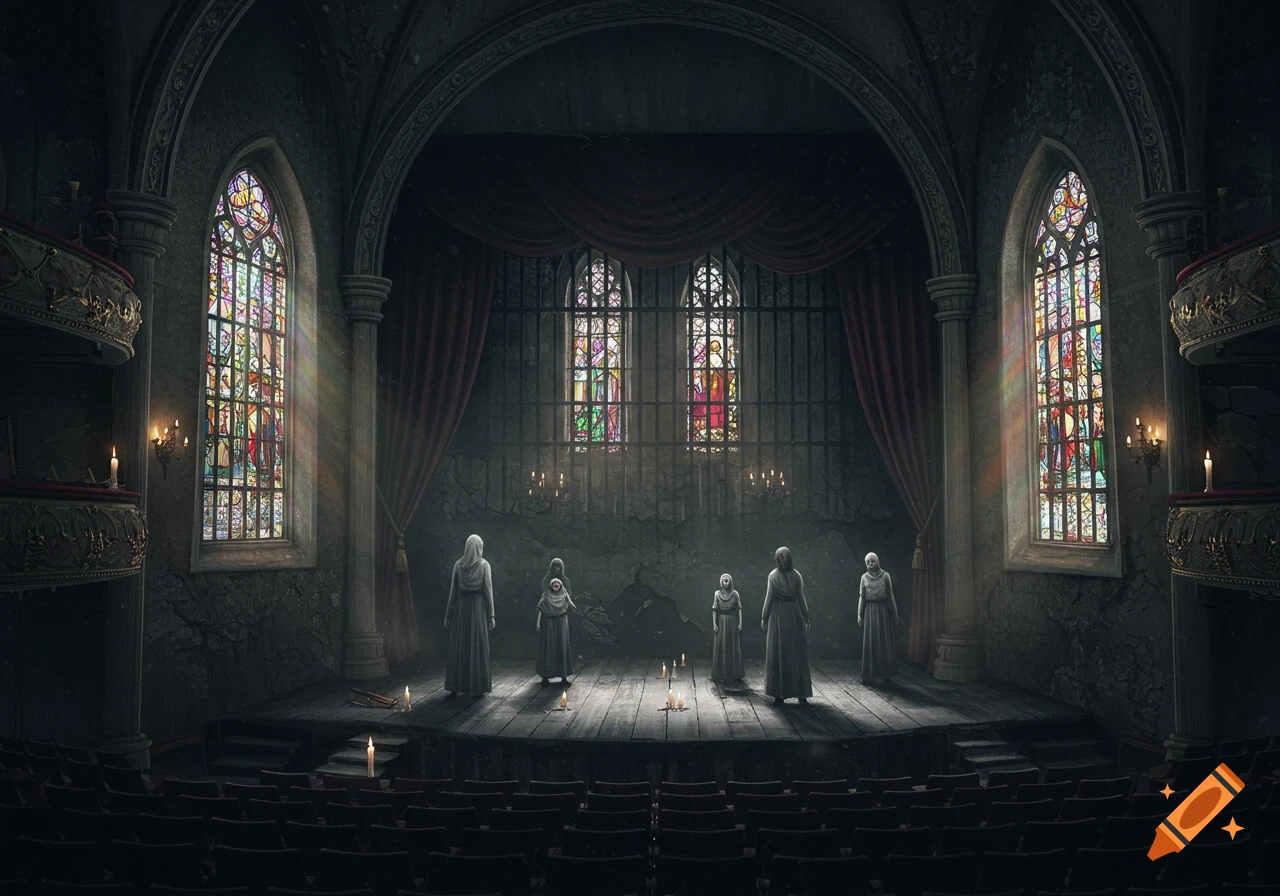 Robed figures stand on a candlelit stage within a gothic theater featuring stained glass windows and an audience seating area.