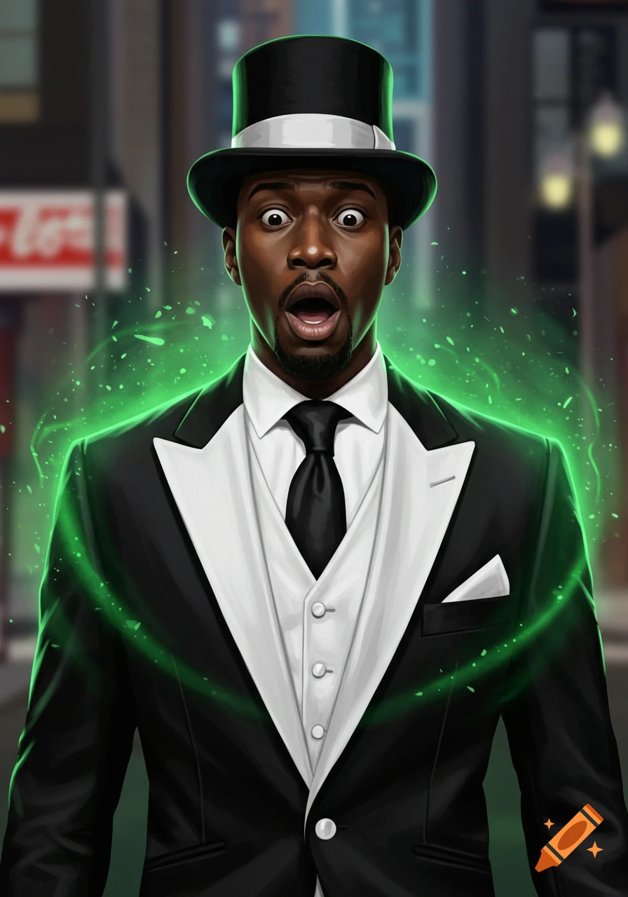 A shocked Black man in a black tuxedo and top hat glows with a green aura against a blurry city background.