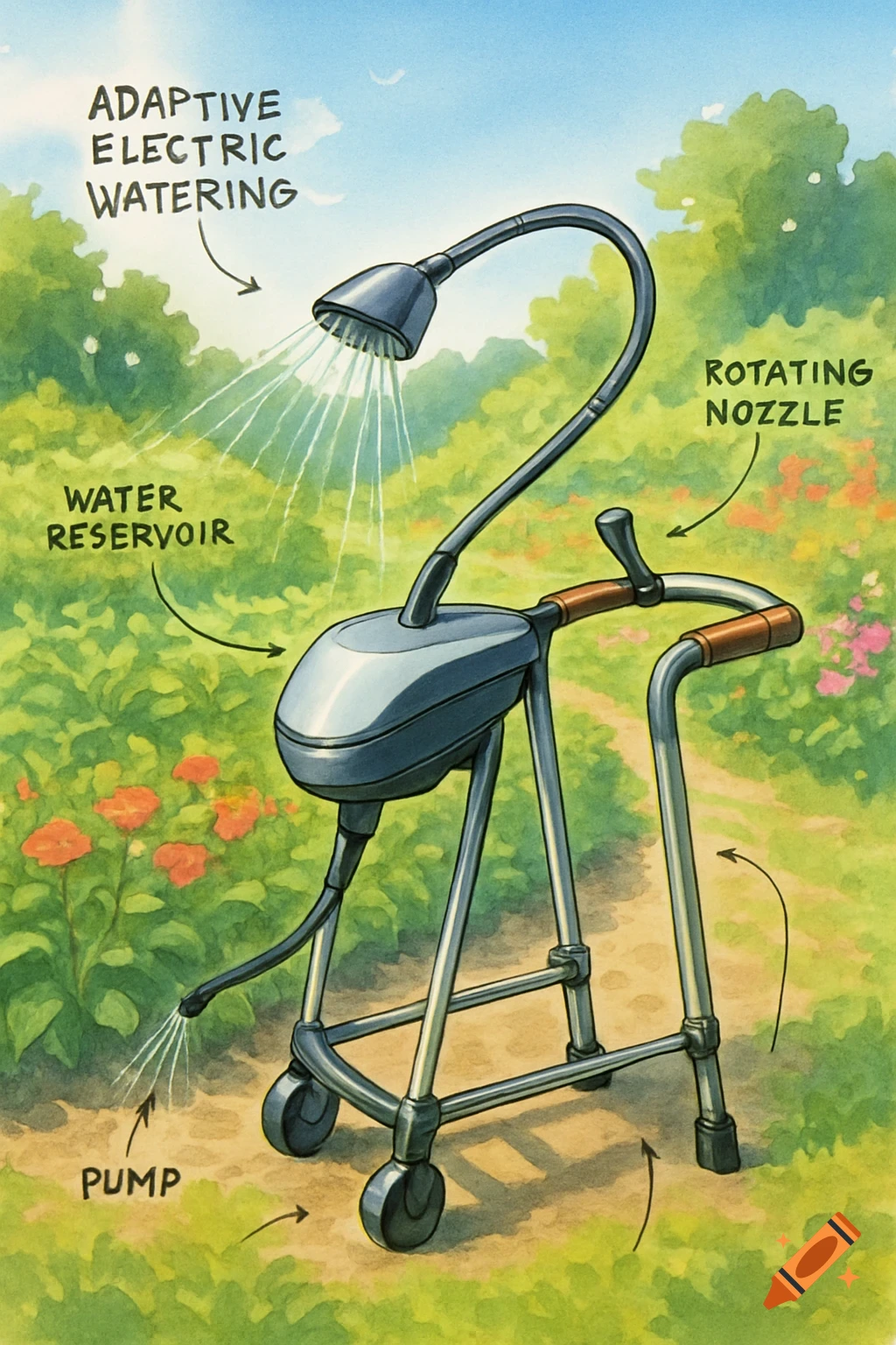 Watercolor illustration of an assistive motorized watering device on a walker frame, labeled with its features, in a vibrant garden.