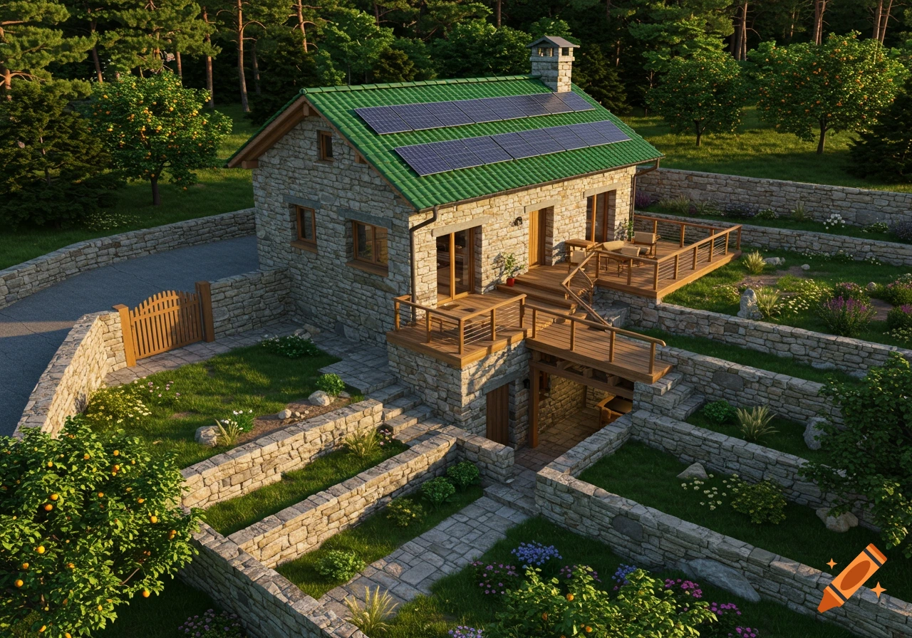 Photorealistic 3D rendering of a stone house with a green roof and solar panels, set in a terraced garden with stone walls.