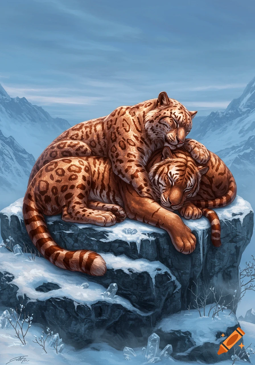 A snow leopard and a tiger sleep curled together on a snowy rock with mountains in the background, in a beautiful painted illustration.