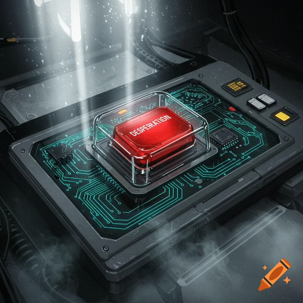 A glowing red button labeled 'DESPERATION' on a futuristic circuit board console, illuminated by shafts of light and smoke.