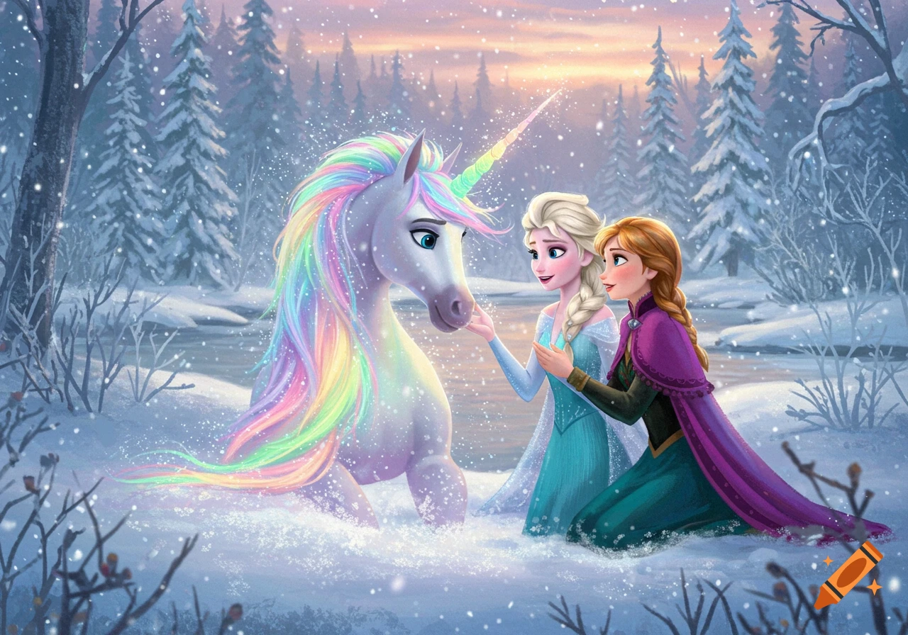 Elsa and Anna from Frozen pet a magical rainbow unicorn in a snowy forest illustration.