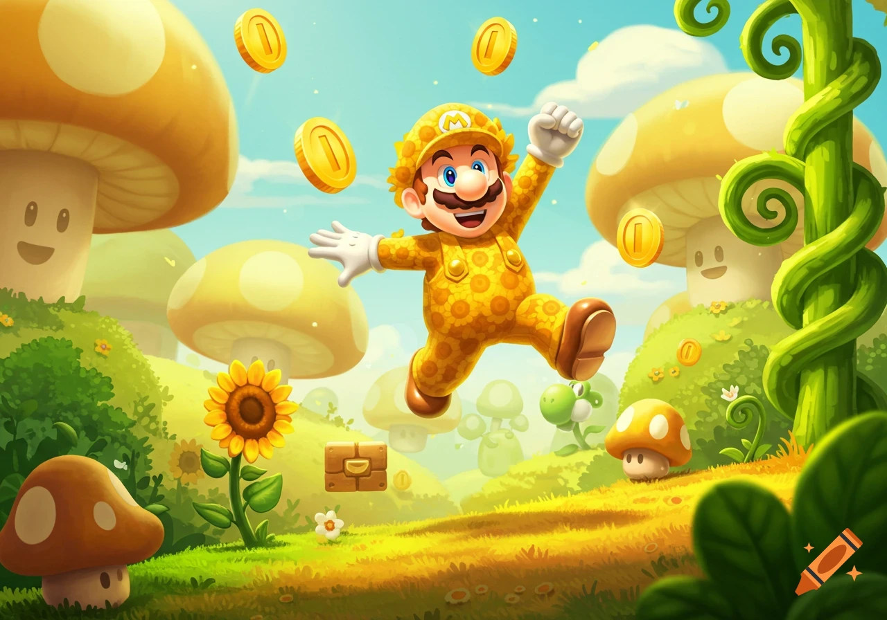 Yellow Mario jumps happily in a vibrant, cartoonish mushroom kingdom, surrounded by floating coins and green vines.