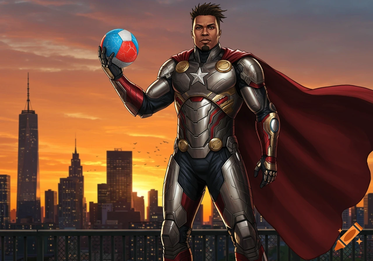 Male superhero in silver and red armor with a red cape holding a colorful beach ball on a rooftop overlooking a city skyline at sunset.