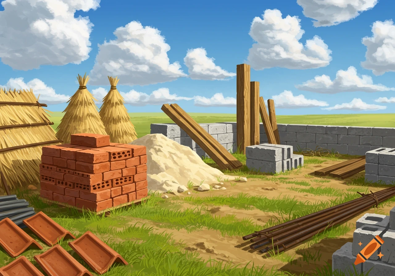 An illustration of a construction site with building materials including bricks, sand, wood, and concrete blocks under a blue sky with clouds.