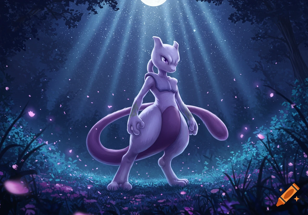 Mewtwo stands in a mystical dark forest under a full moon with light rays and pink petals, rendered in a detailed art style.
