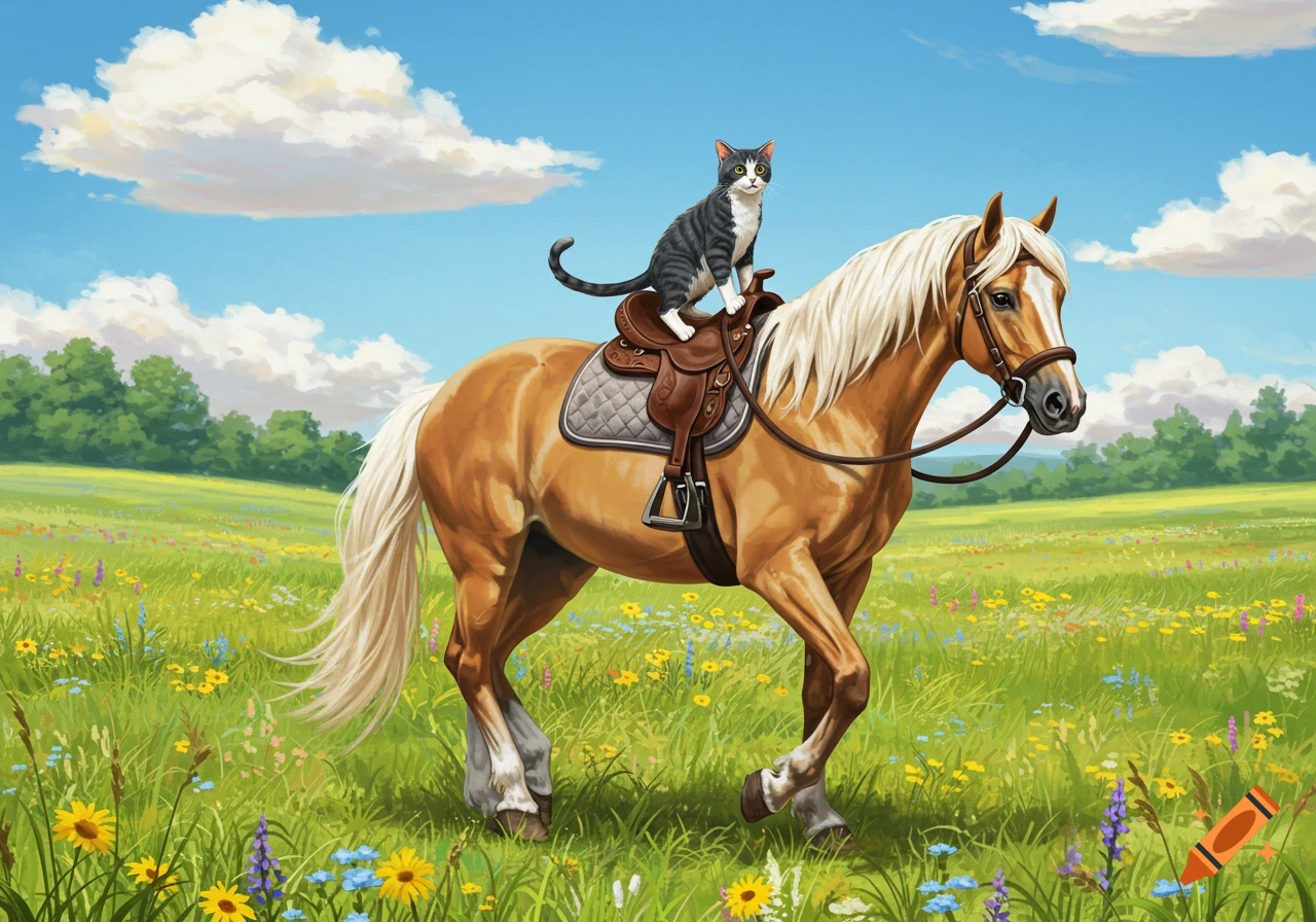 A tabby cat sits on a saddle atop a palomino horse in a vibrant green field with wildflowers under a blue sky.