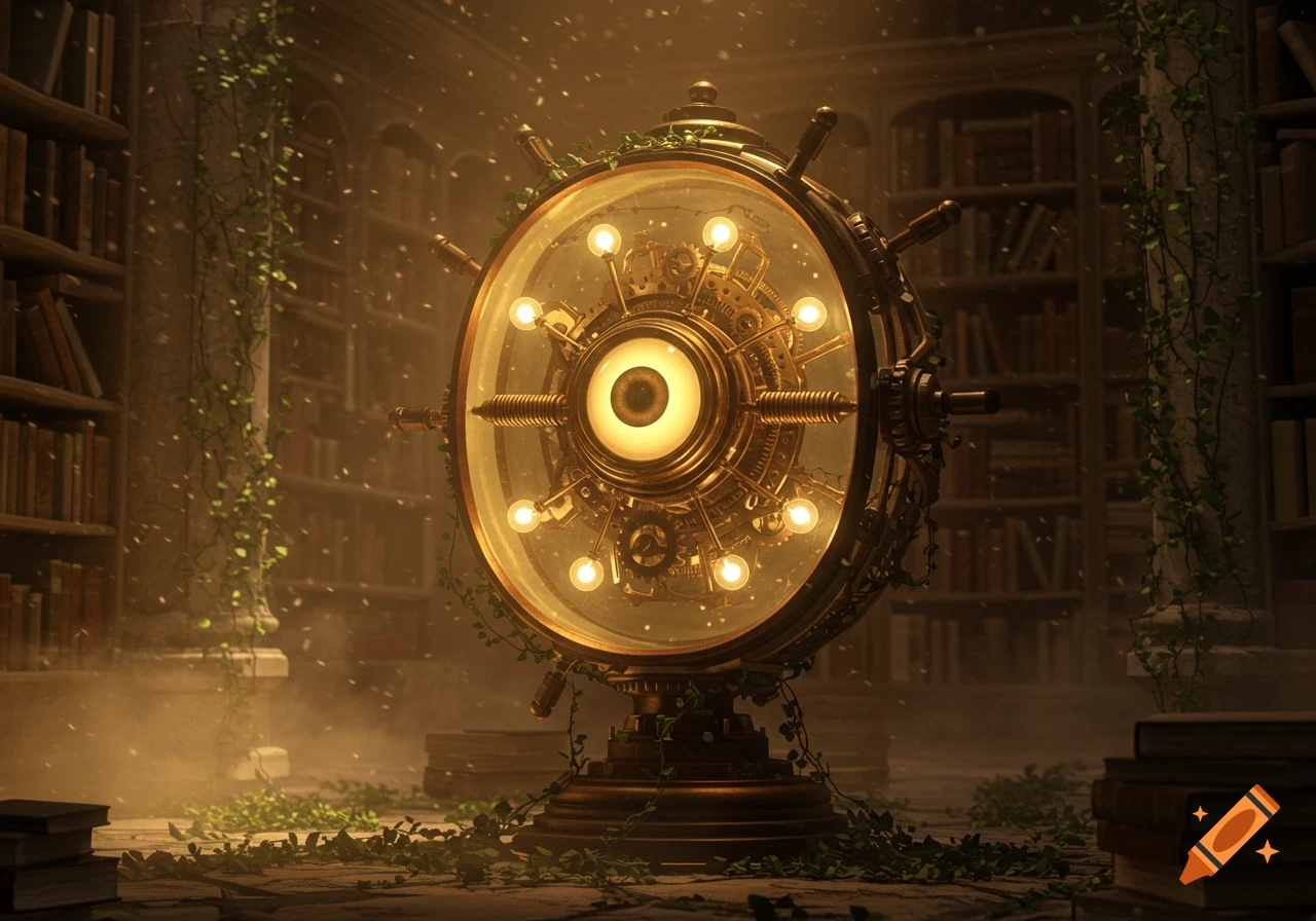 A glowing, intricate steampunk device with a central eye and lightbulbs sits on a pedestal in a dusty, vine-covered library.
