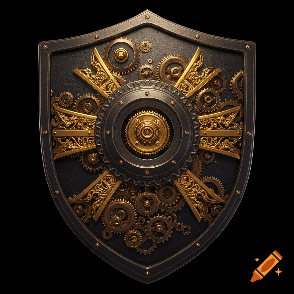 A dark metal shield adorned with golden gears and intricate patterns, against a black background.