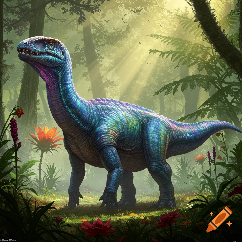 A vibrant, iridescent blue and purple dinosaur with textured scales stands in a lush, sun-dappled prehistoric jungle with exotic plants.