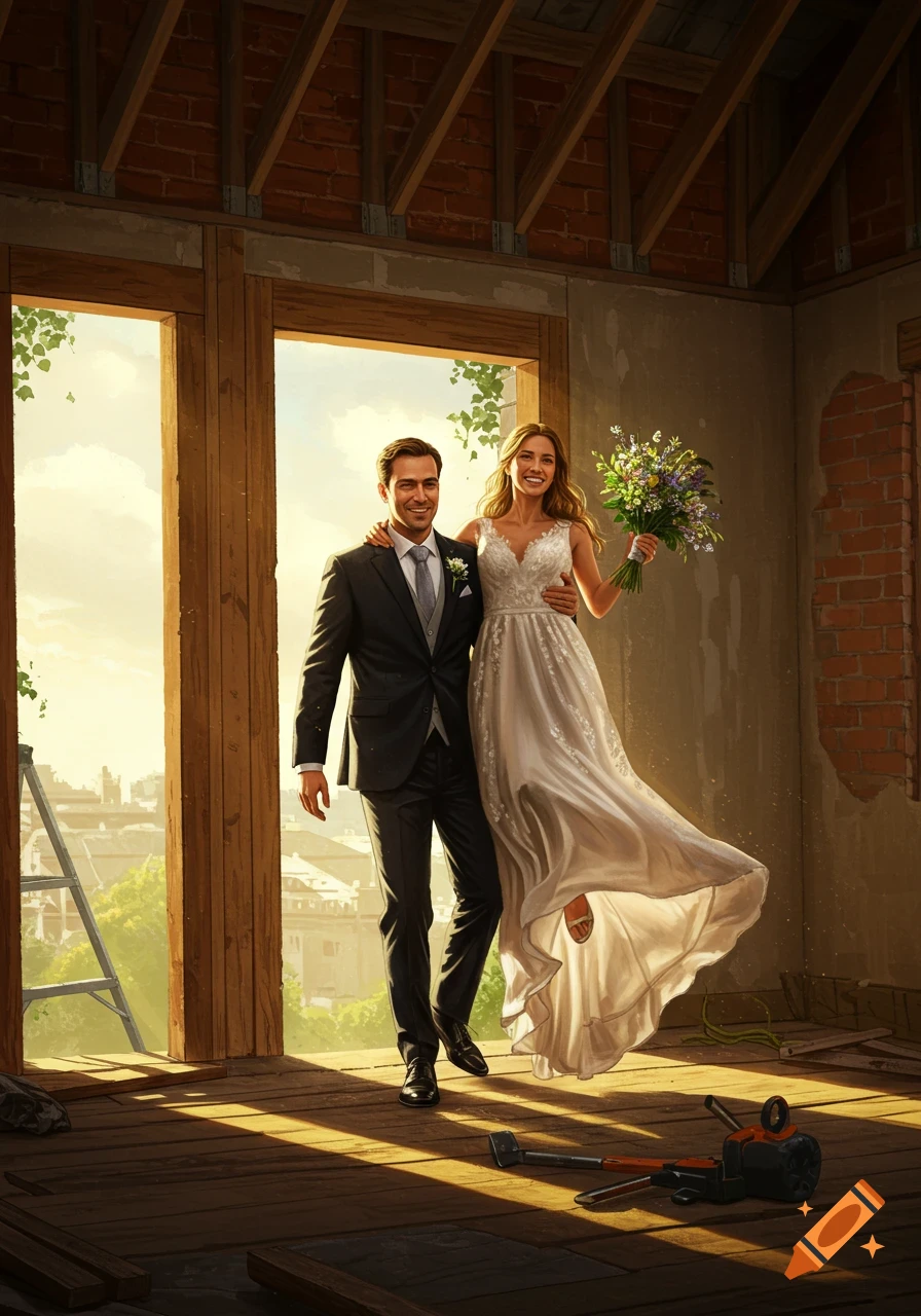 A smiling bride and groom walk arm-in-arm into an unfinished house with exposed brick and wooden beams, bathed in golden sunlight.