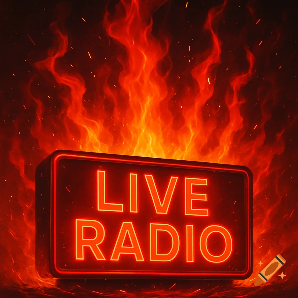 A neon sign glowing red with 'LIVE RADIO' text, surrounded by vibrant orange and red flames.