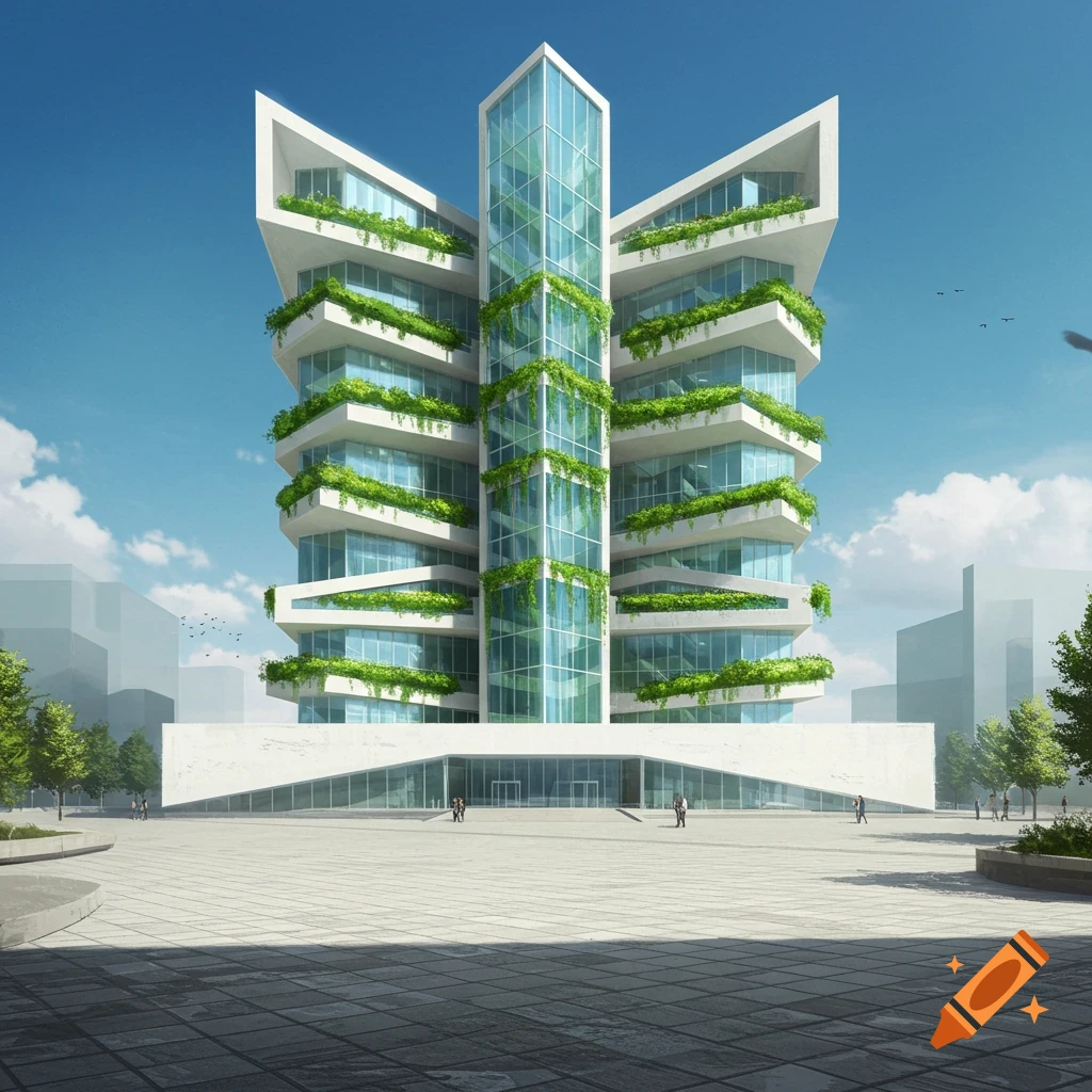 A striking modern building with white facades, slanted glass, and green hanging gardens, standing on a plaza with small figures.