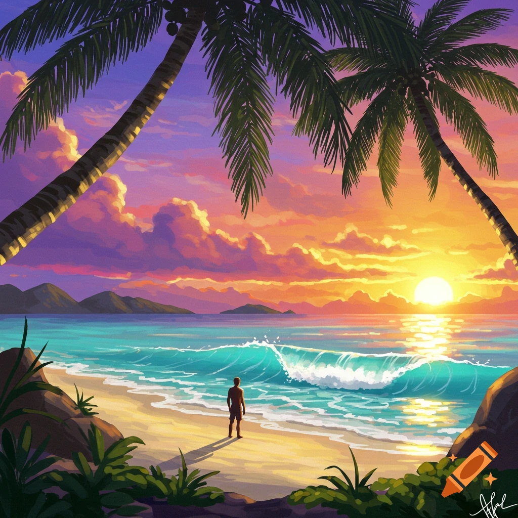 A vibrant, stylized tropical beach scene at sunset, with a person standing by the ocean under two silhouetted palm trees.