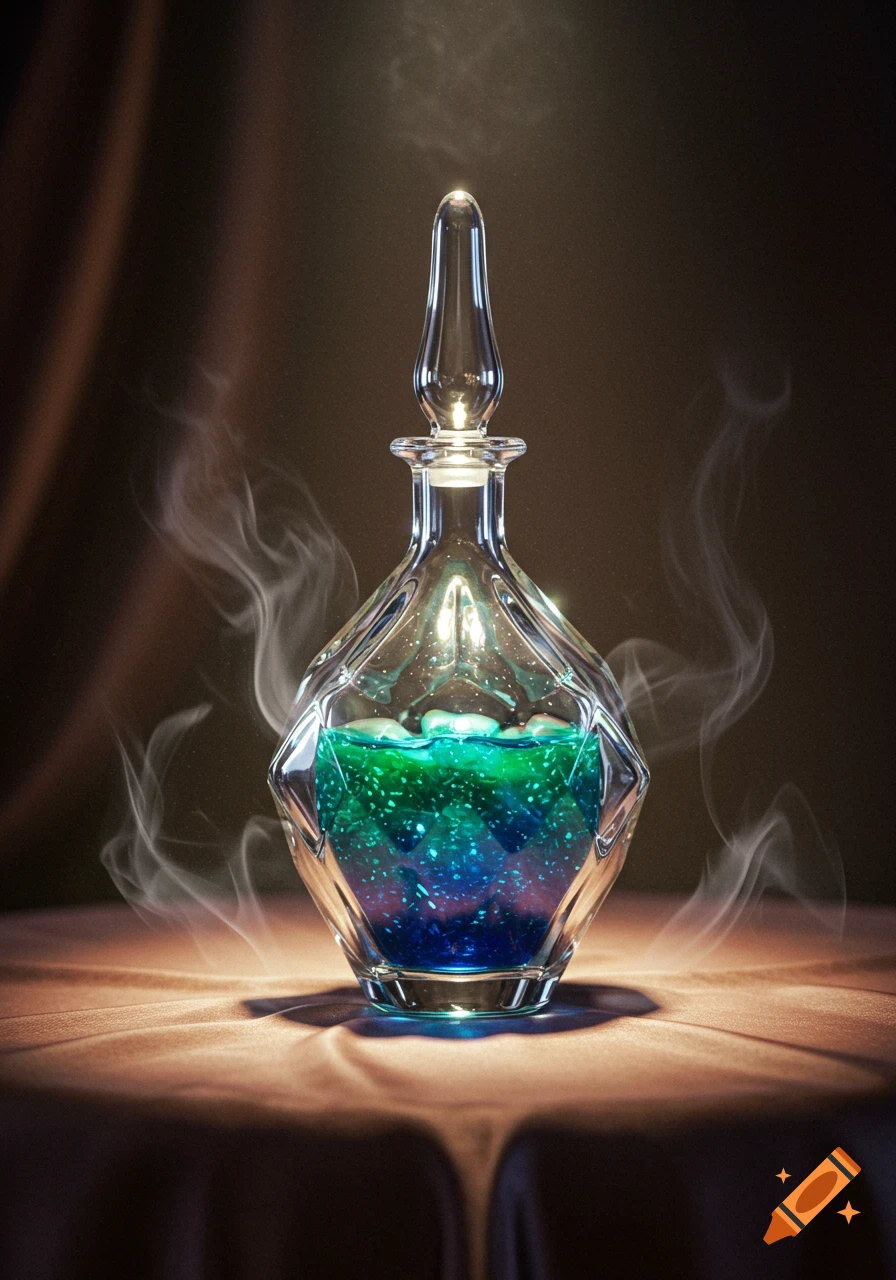 A faceted glass bottle filled with sparkling green and blue liquid, emitting white smoke, sits on a draped table in a dark room.
