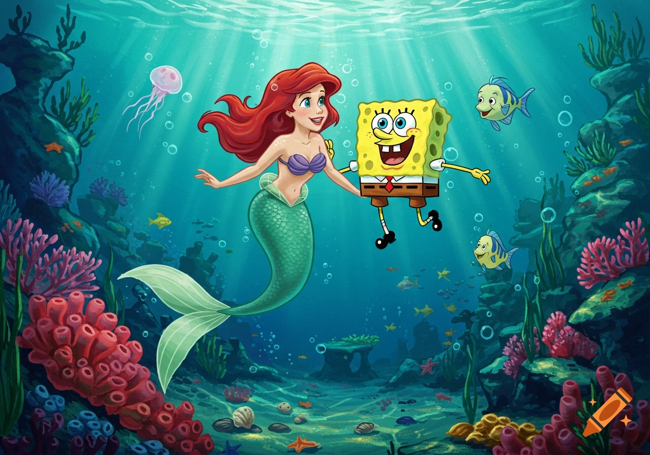 Ariel from The Little Mermaid and SpongeBob SquarePants smiling underwater in a vibrant coral reef.