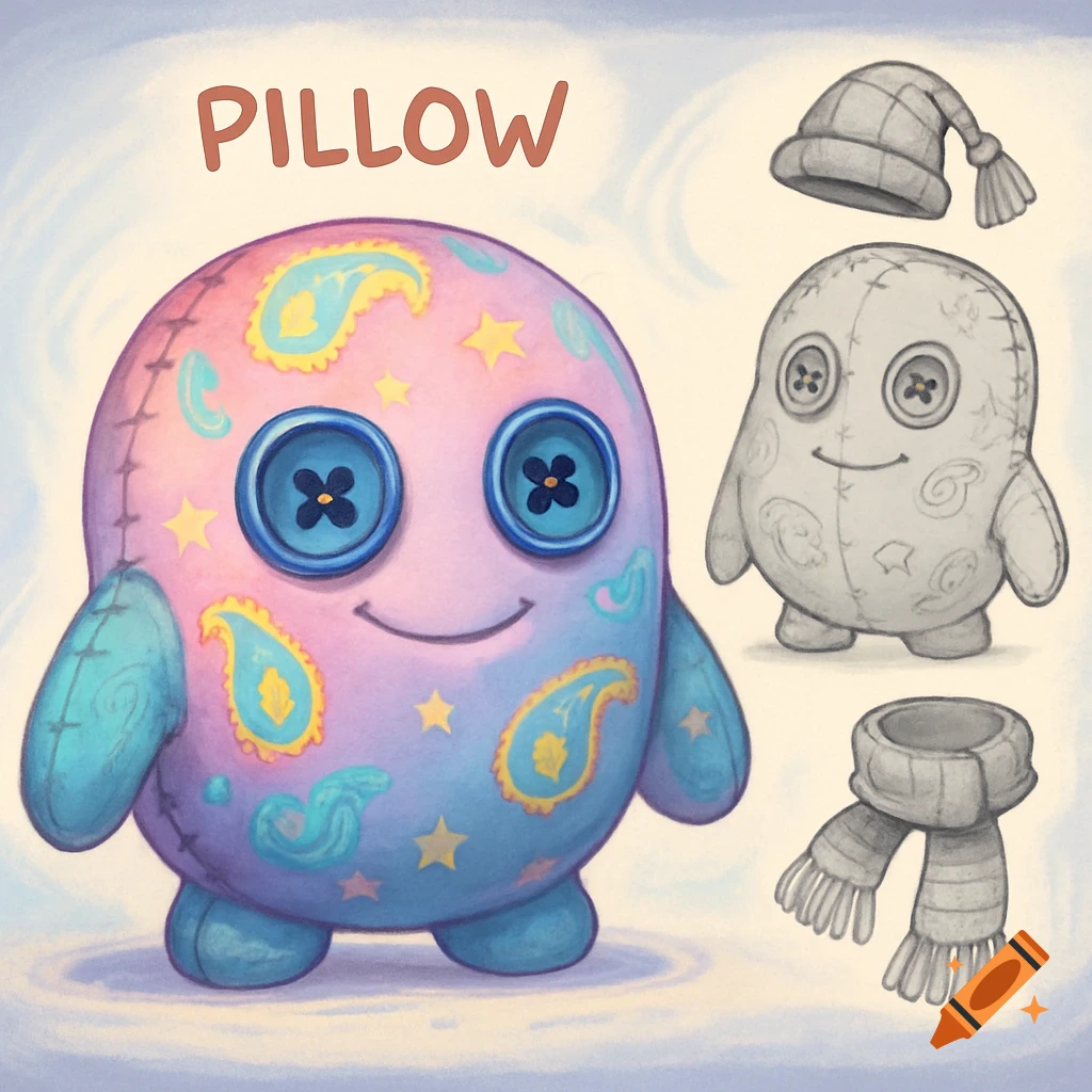 A cute, colorful, round plush toy with button eyes and paisley patterns. Text 'PILLOW' is above. Grayscale sketches of plush creatures and accessories are on the right.