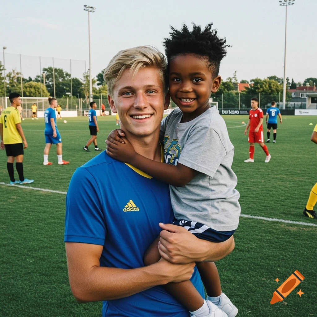 A smiling blonde young man in a blue jersey holds a joyful Black child with an afro on a soccer field.
