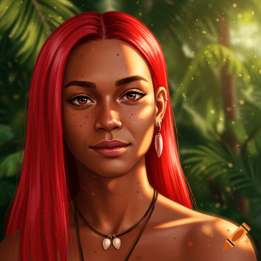 Close-up portrait of a woman with medium brown skin, freckles, bright red hair, and feather earrings, against a sunlit tropical foliage background.