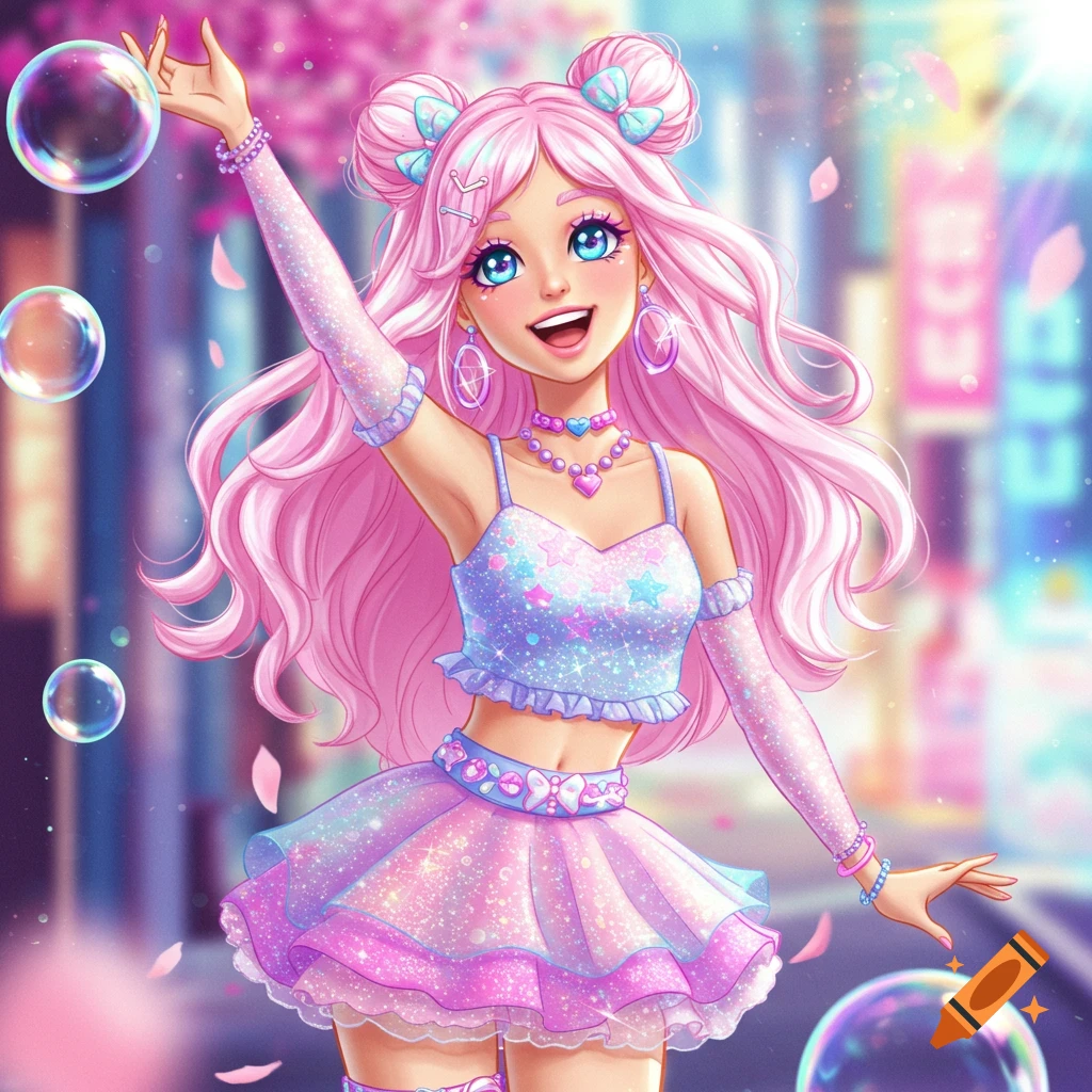 A pink-haired anime-style girl in a glittery crop top and skirt raises an arm, surrounded by bubbles and cherry blossoms in a city.