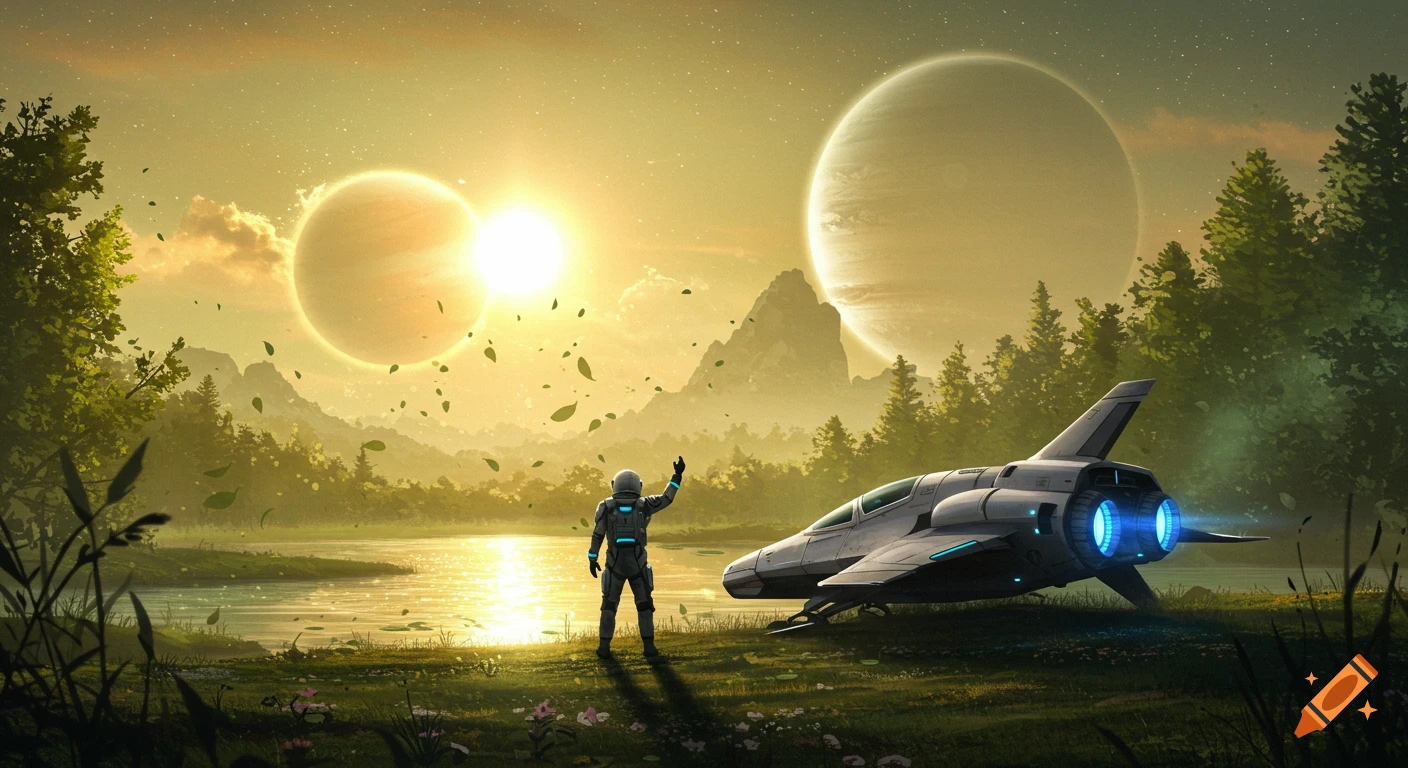 An astronaut stands beside a spaceship on an alien planet, looking at two bright suns and a gas giant over a lake and forest.