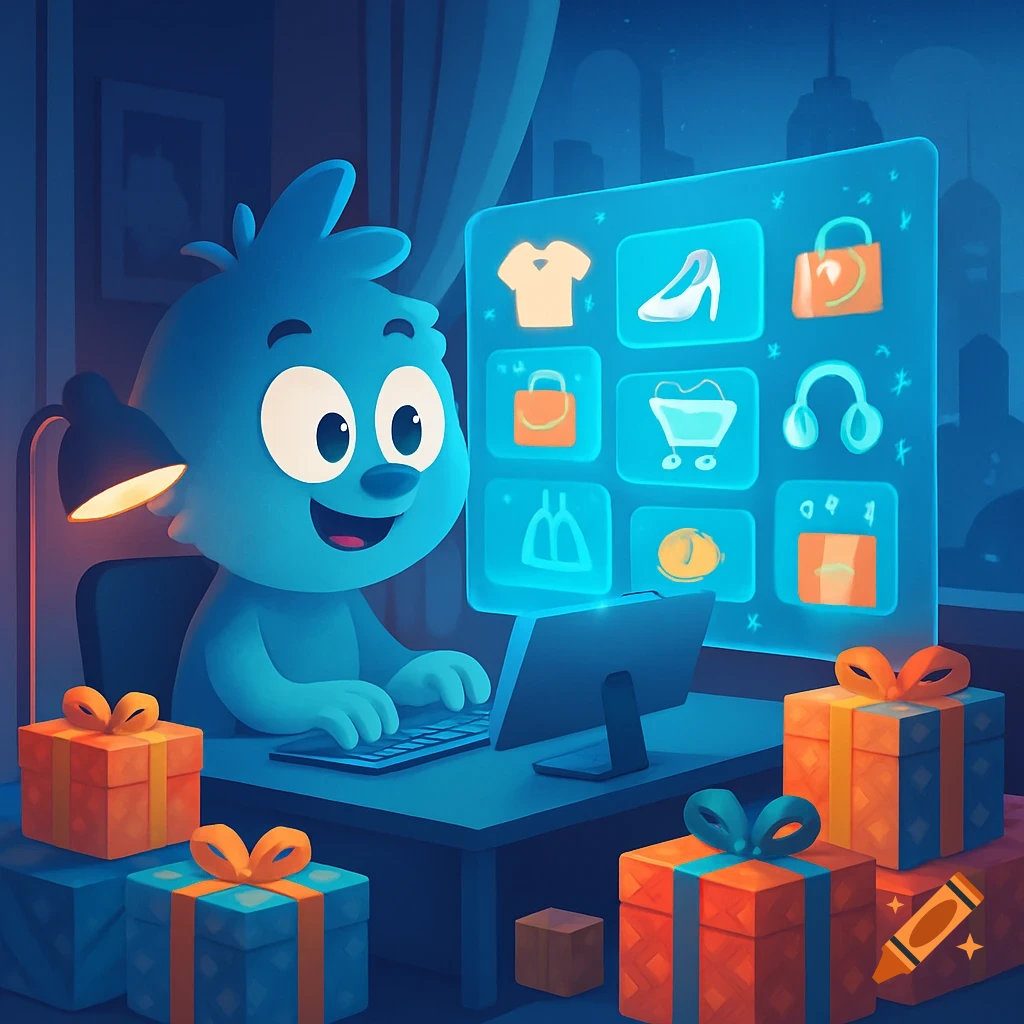 Cute blue cartoon character happily online shopping on a laptop, surrounded by gifts, with a glowing screen of shopping icons.