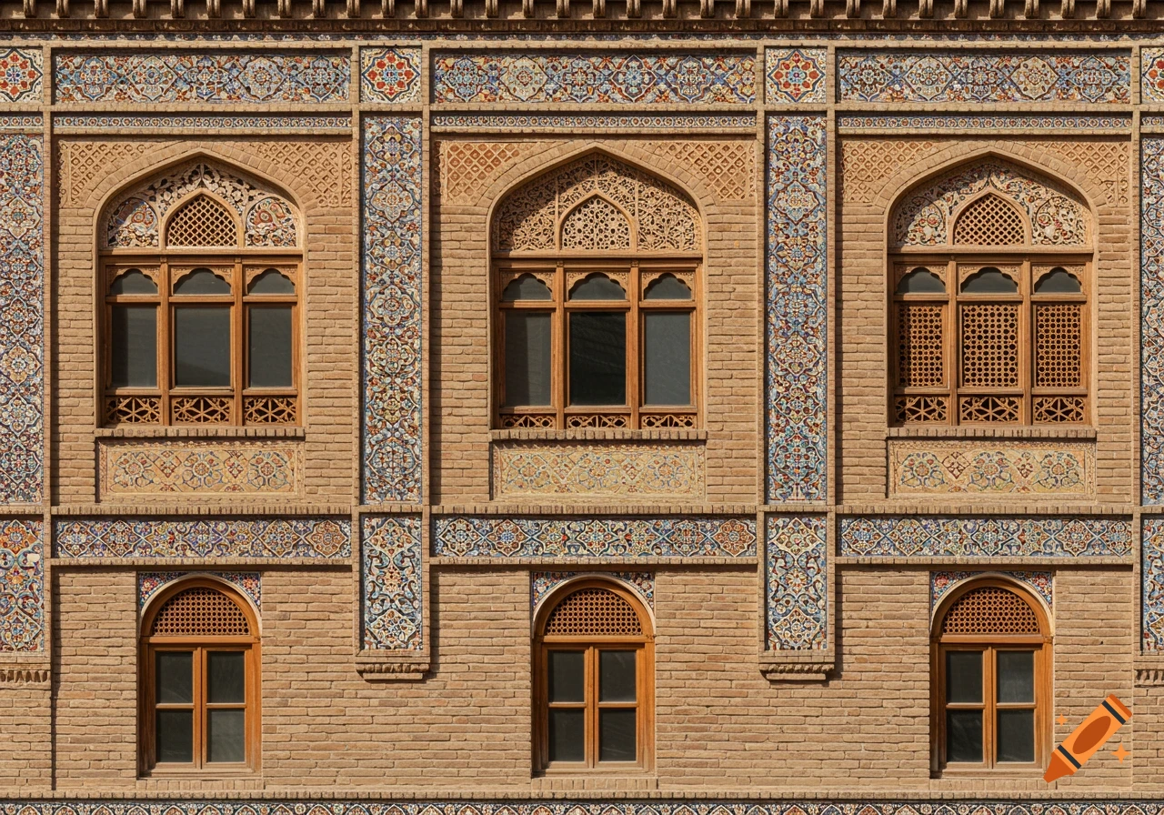 A detailed close-up of a traditional Iranian building facade with ornate brickwork, arched windows, and colorful patterned tiles.