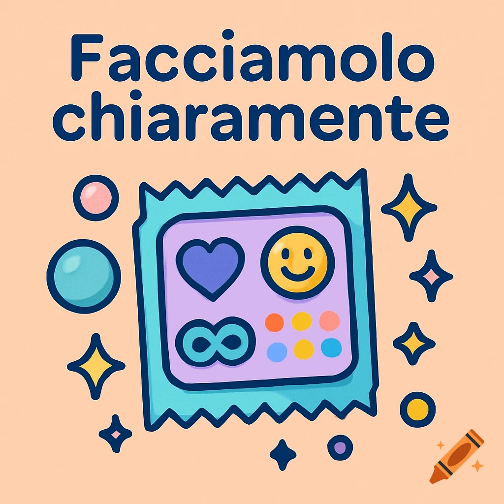 A playful logo with a stylized condom wrapper featuring a heart, smile, infinity sign, and text "Facciamolo chiaramente".
