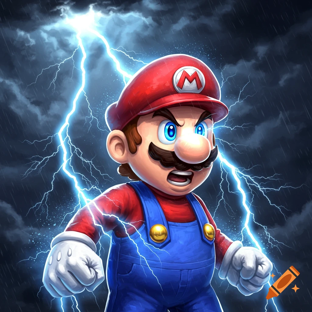 Stylized illustration of an angry Mario with blue eyes, wearing red and blue overalls and hat with an 'M', surrounded by bright blue lightning against a dark, stormy sky.