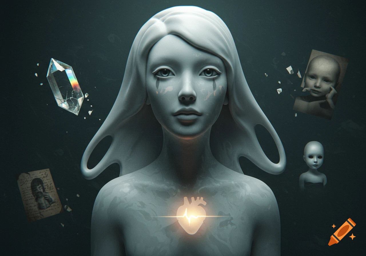 A grey, sculptural figure with long hair and a glowing heart on its chest, surrounded by a shattered crystal, old photos of children, and a faded document.
