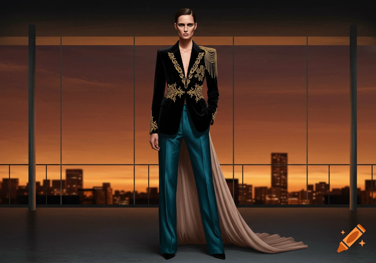 A model in a black velvet blazer with gold embroidery and chains, teal pants, standing in a high-rise with a sunset cityscape background.