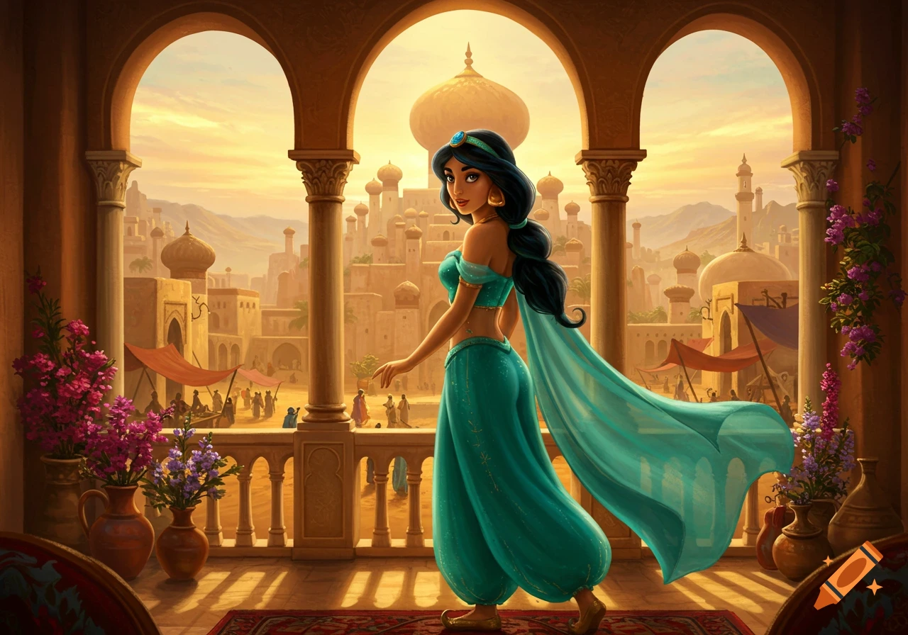 Princess Jasmine in a teal outfit stands on a balcony overlooking an Arabian city at sunset, in an illustration.