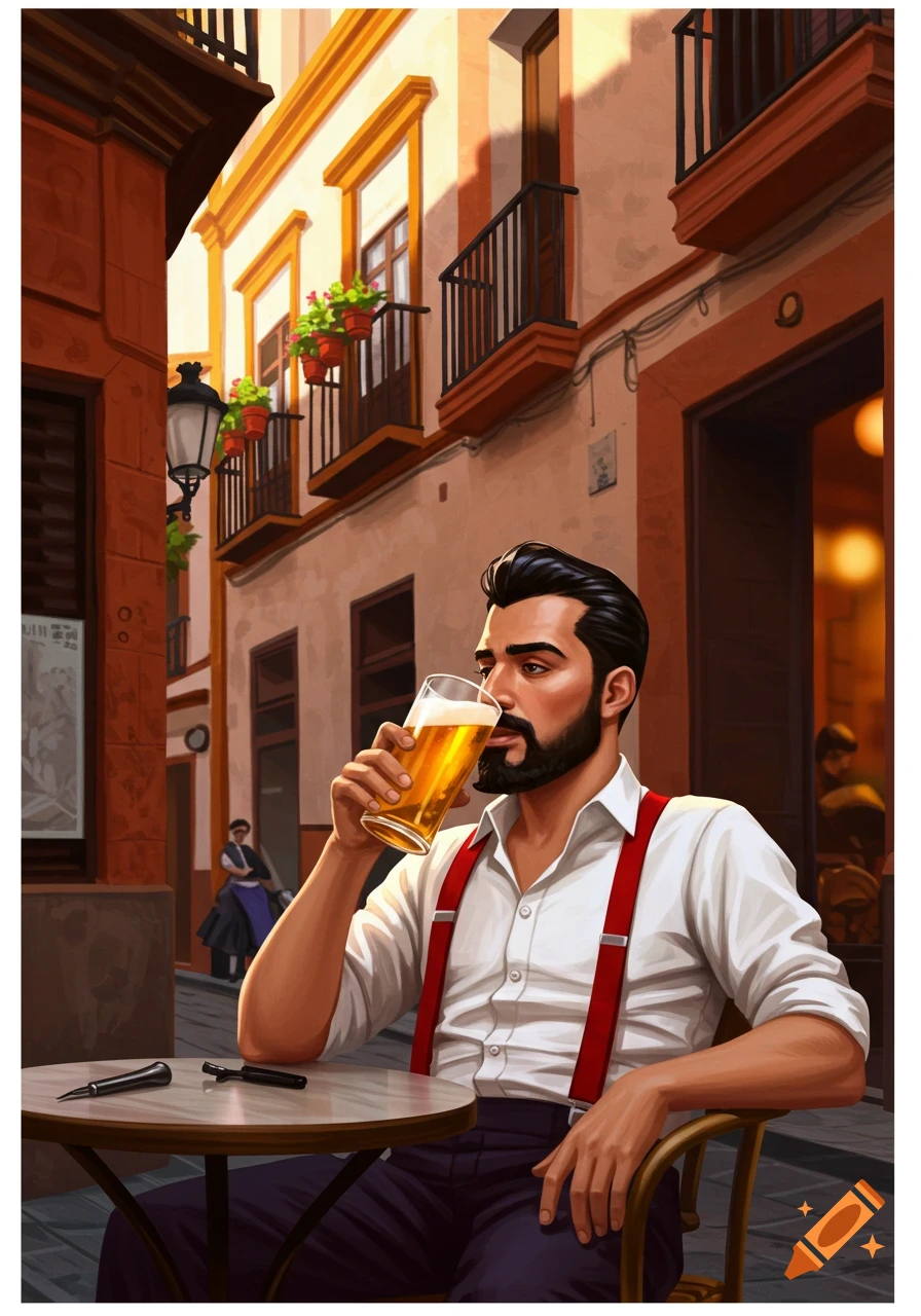 An illustrated man with a beard and red suspenders drinks a beer at an outdoor cafe on a narrow European street.