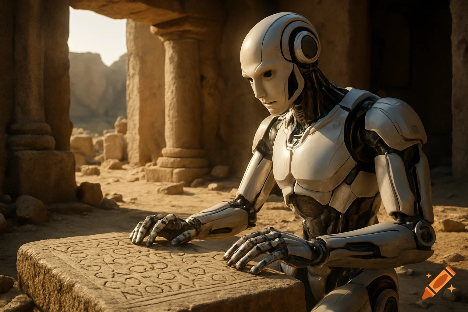 A photorealistic humanoid robot examines an inscribed stone slab within ancient desert ruins.