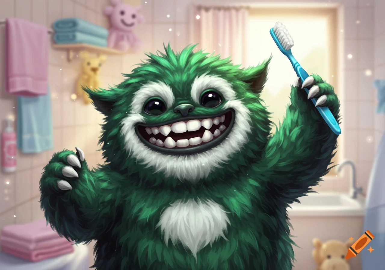 A friendly green furry monster with a big white smile holds up a blue toothbrush in a bathroom.