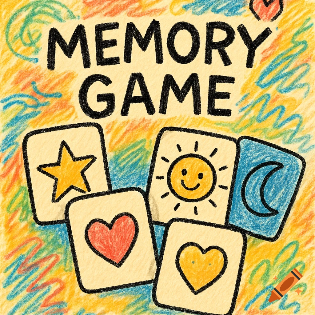 Colorful doodle illustration of a memory game splash screen with 'MEMORY GAME' text and cards showing a star, sun, moon, and hearts.
