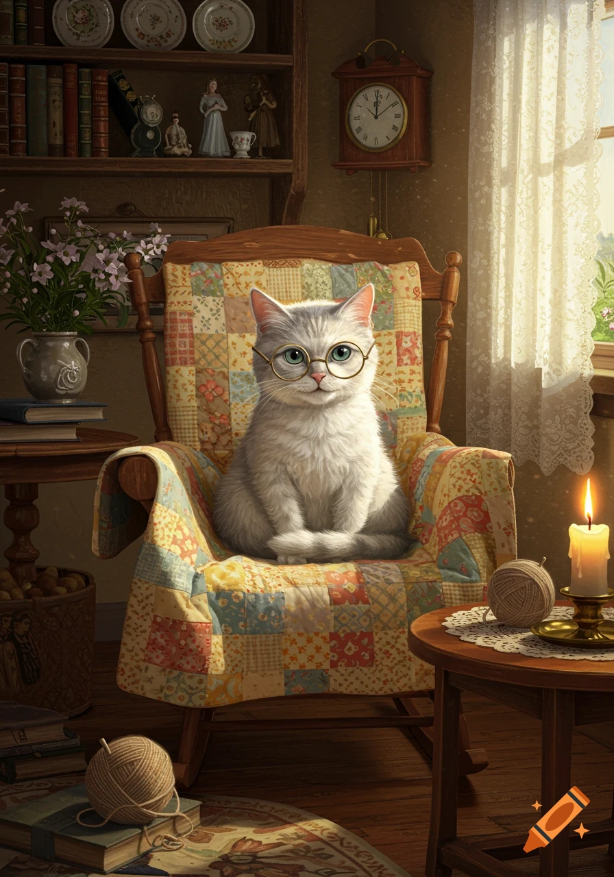 A white cat in round glasses sits in a cozy rocking chair with a patchwork quilt, surrounded by books and yarn.